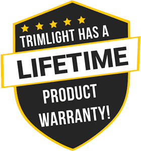 A black and gold shield-shaped badge with five stars and the text: Trimlight has a Lifetime Product Warranty! in bold white and yellow letters. {{brizy_dc_image_alt imageSrc=