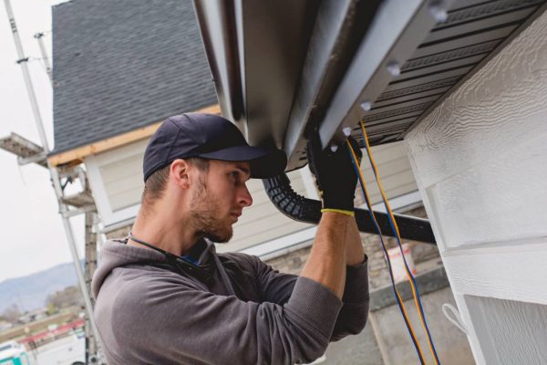 A man wearing a cap and gloves installs or repairs a gutter on the roof edge of a house, focusing intently on his work. {{brizy_dc_image_alt imageSrc=